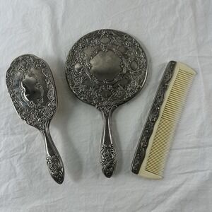 Vintage Silver Plated Vanity Set Mirror Brush Comb Floral Art Nouveau Design
